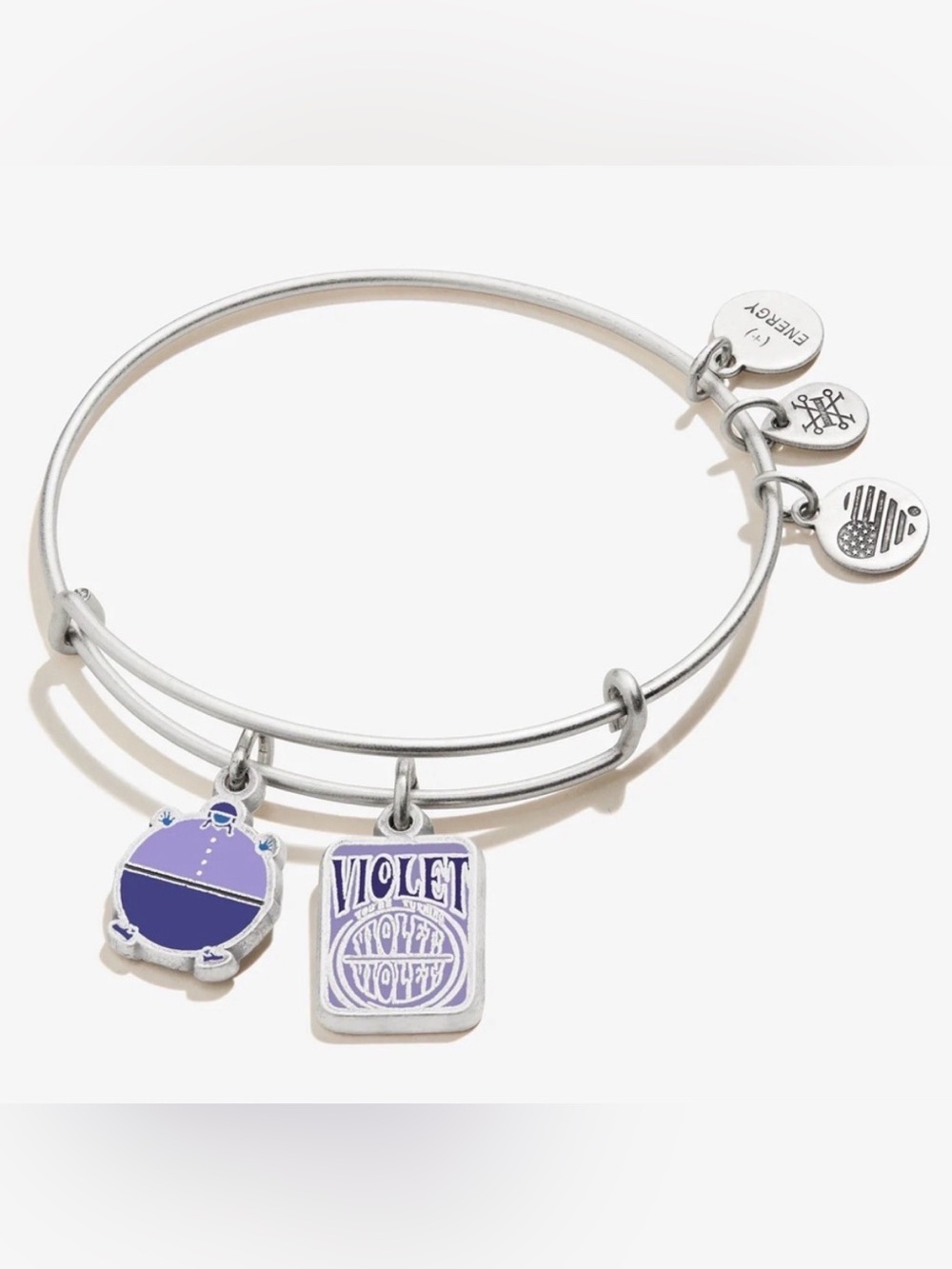 Alex and Ani Willy Wonka Violet Beauregarde Silver Duo Charm Bangle Bracelet NWT